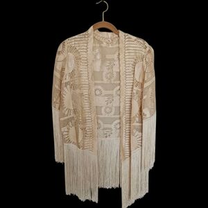 Vintage Boho Crochet Lace Fringe Long Cardigan Duster Coachella Festival